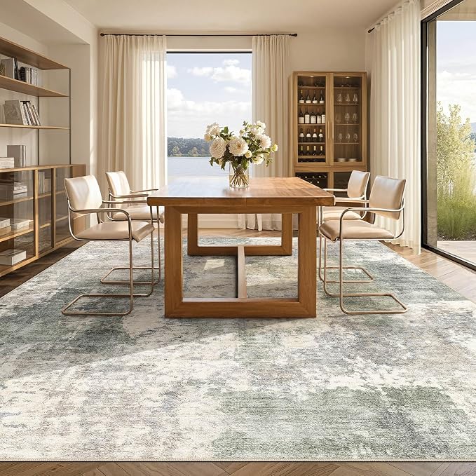 Tortania Washable 6x9 Area Rug for Living Room: Modern Abstract Neutral Large Soft Thin Rugs - Non Slip Indoor Carpet for Bedroom Dining Room Office Nursery Home Floor Decoration - Gray Green