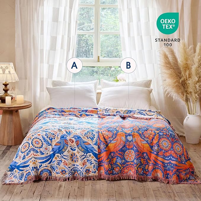 Boho Throw Blanket - 100% Cotton Ultra Soft Muslin Spring Blanket, 50"x60" Lightweight Floral Bird Framhouse Bedding Blanket for Bed, All Season Blue Bohemian Bedroom Home Decor Quilt