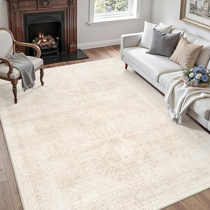 4x6 Area Rugs for Living Room: Vintage Boho Neutral Washable Rug Indoor Soft Large Area Rug Carpet for Bedroom Nursery Farmhouse Dining Room Office Floor Non-Slip Low Pile Under Table Rug Beige