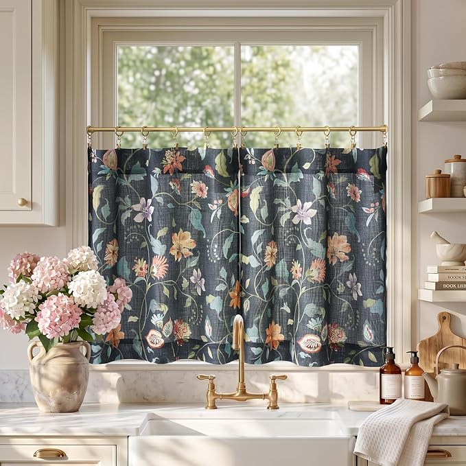 jinchan Hattie Floral Linen Kitchen Curtains 24 Inch Length Vintage Cottage Core Farmhouse Cafe Curtains Light Filtering Small Window Drapes for Living Room Bathroom Rod Pocket 2 Panels Dark Blue