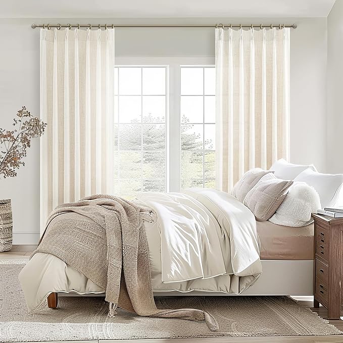 PleatedDrapes Light Filtering Kitchen Curtains 63 Inches Long 2 Sets, Basement Curtains for Small Window Cream Beige Pinch Pleated Linen Blend Short Semi Sheer Back Tab for Bay Windows 40" W x 63" L