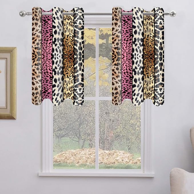 Wild Animal Print Curtain, Room Darkening Thermal Insulated Blackout Leopard Boa Window Drapes with Grommets for Living, Dining, Bedroom, Pink Leopard Print, 52"x 36", 2 Panels