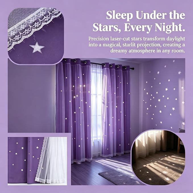 Kids Blackout Curtains for Bedroom/Living Room/Classroom, Sheer Overlay 2 Free Tiebacks, Double Layer Curtains with Star Cutout for Kids Room(Each Piece W 70 x L 95 Inches 2 Pcs Purple)
