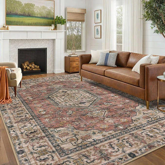 KUTA Living Room Rug 6x9 Terracotta Soft, Washable Large Area Rugs 6ft x 9ft, Non-Slip Boho Printed Oriental Dining Room Carpet, Indoor Low-Pile Cozy Room Throw for Office Bedroom