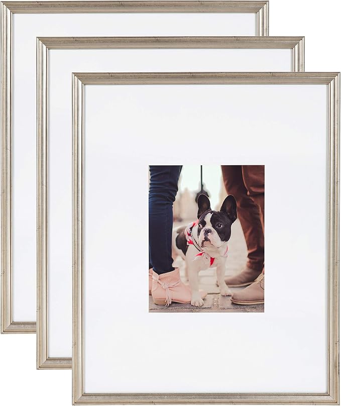 Kate and Laurel Adlynn Wall Picture Frame Set, 16" x 20" matted to 8" x 10", Warm Silver, Set of 3