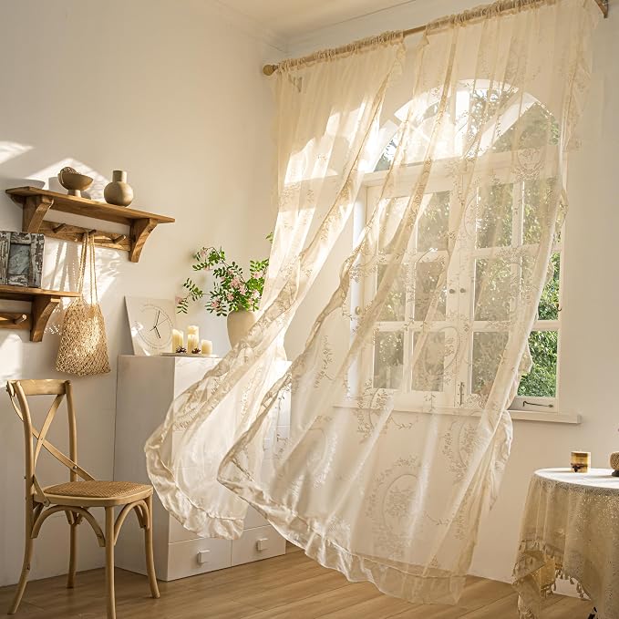 Sutuo Home Beige Lace Curtains 84 Inches Long 2 Set, Sheer Panels Rose Floral Embroidery Vintage Voile Window Treatment Pair for Bedroom Living Room, Retro Christmas Decor Rod Pocket, W57 x L84