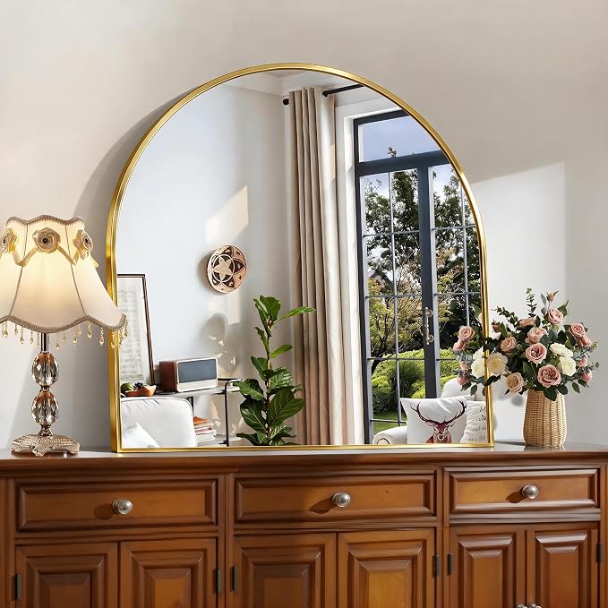 CIRCUMI Arched Wall Mirror, 36"x36" Gold Arched Mirror with Tempered Glass, Metal Frame, Large Size for Entryway Table, Mantel,Living Room,Over Sink,Arch Mirror for Decor,Shatterproof&Crystal-Clear