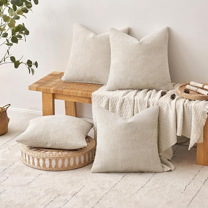MIULEE Pack of 4 Couch Throw Pillow Covers 16x16 Inch Cream Soft Decorative Chenille Pillow Covers Farmhouse Accent Cushion Covers for Boho Spring Home Decor Sofa Bedroom Living Room