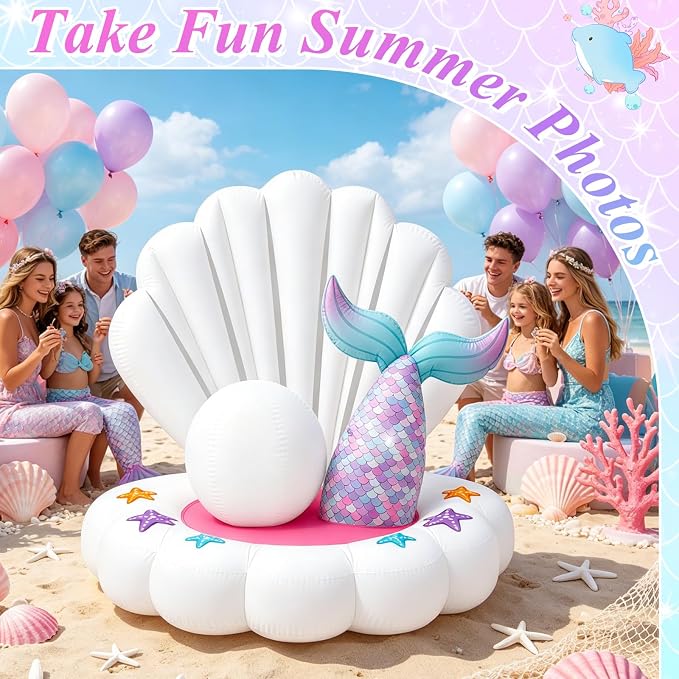 4.6FT Inflatable Seashell with Mermaid Tail for Summer Outdoor Decor, Blow Up Seashell Built-in 3 LED Lights for Mermaid Birthday & Pool Beach Ocean Party Decorations, Yard Garden Indoor Photo Props