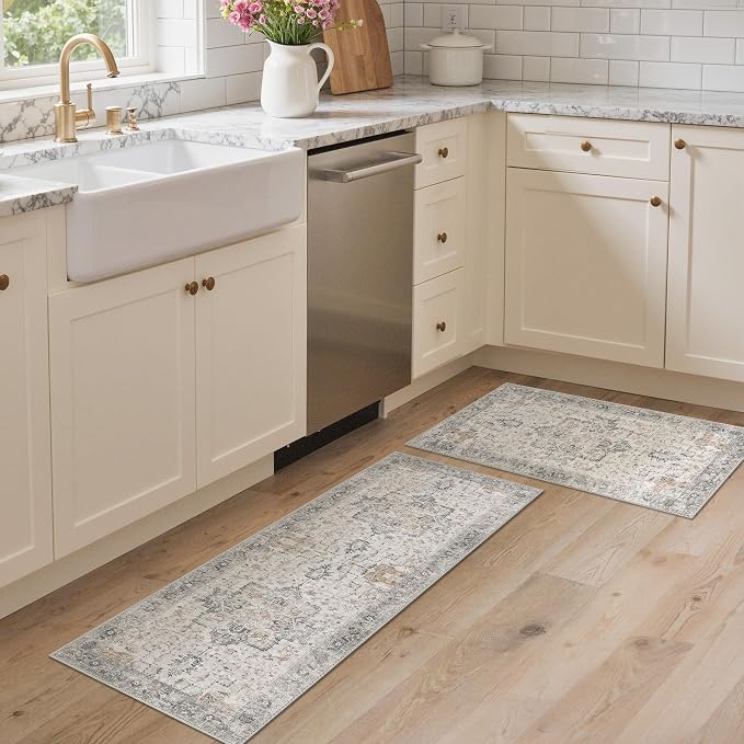GENIMO Runner Rug 2PCs, Machine Washable Non Slip Vintage Hallway Runner Rug 17.3"x47"+17.3"x30", Low Pile Lightweight Rugs for Indoor Entryway, Hallway, Kitchen and Corridor, Light Taupe Brown