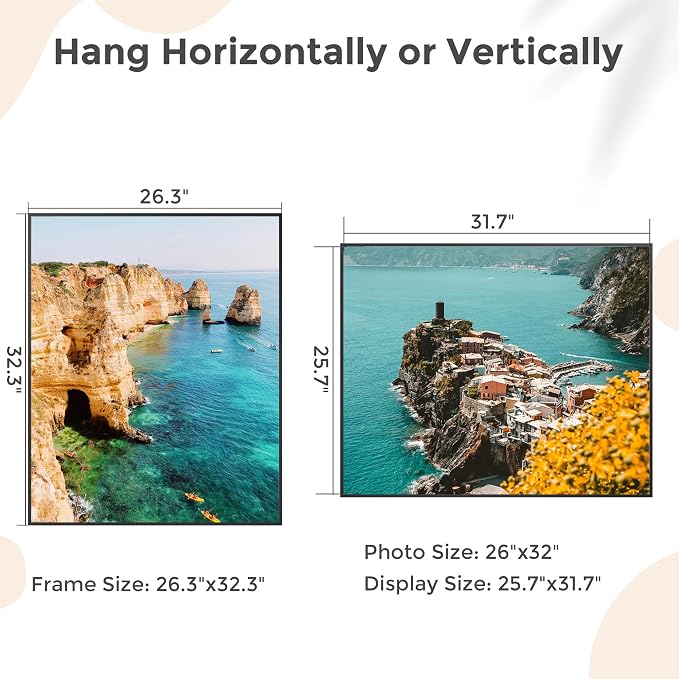26x32 Metal Picture Frame, Aluminum Poster Frame with Real Glass, Black | Sleek Black 32x26 Frame with Tempered Glass for Wall Display, Posters, Art & Photos | Wall Kit Included