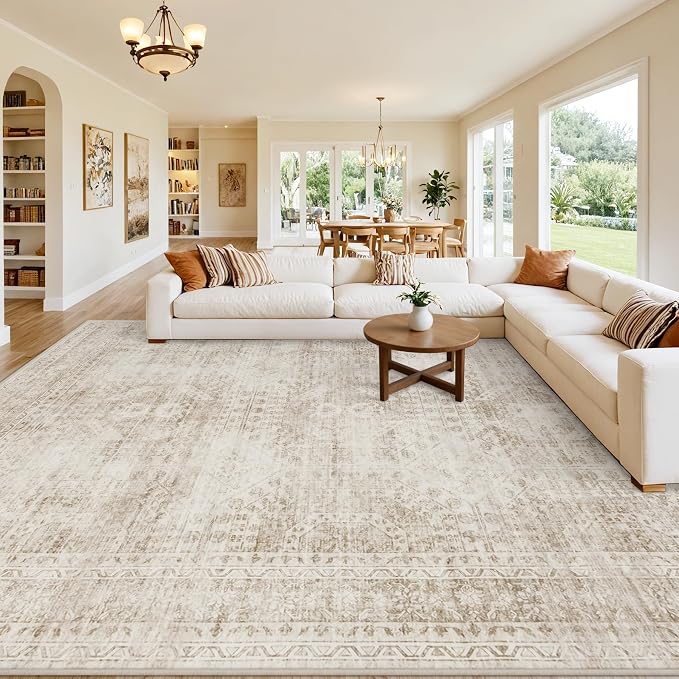 8x10 Area Rugs for Living Room: Vintage Boho Neutral Washable Rug Indoor Soft Large Area Rug Carpet for Bedroom Nursery Farmhouse Dining Room Office Floor Non-Slip Low Pile Under Table Rug Brown