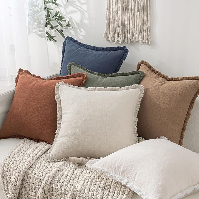 MIULEE Decorative Throw Pillow Covers Neutral Linen Fringe Throw Pillows Set of 2 Brick Boho Farmhouse Cushion Covers with Tassels for Couch Sofa Bed Living Room Fall Home Decor 20x20 Inch