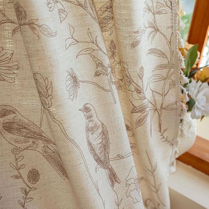 OYX Boho Curtains, Floral Curtains Beige with Garden Birds, Farmhouse Birds Drapes 96 Inches Length Semi Sheer, Rod Pocket Vintage French Country Window Curtain Set 2 Panels for Kitchen, Bedrooms