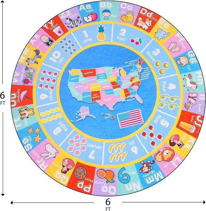 Kids Rugs for Playroom - Soft & Non-Slip 6x6 Feet Round Educational Rug for Learning ABC Alphabet, Numbers, Shapes & Map, Washable Classroom Rug for Bedroom Nursery & Kids Room Decor