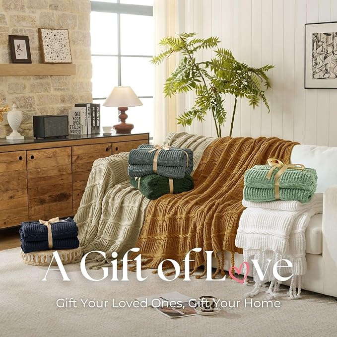 Boho Knitted Chenille Blanket with Tassels - Lightweight & Soft All-Season Throw - 3D Classic Pattern for Living Room Bedroom Couch, Sage Green, Queen 90"x90"