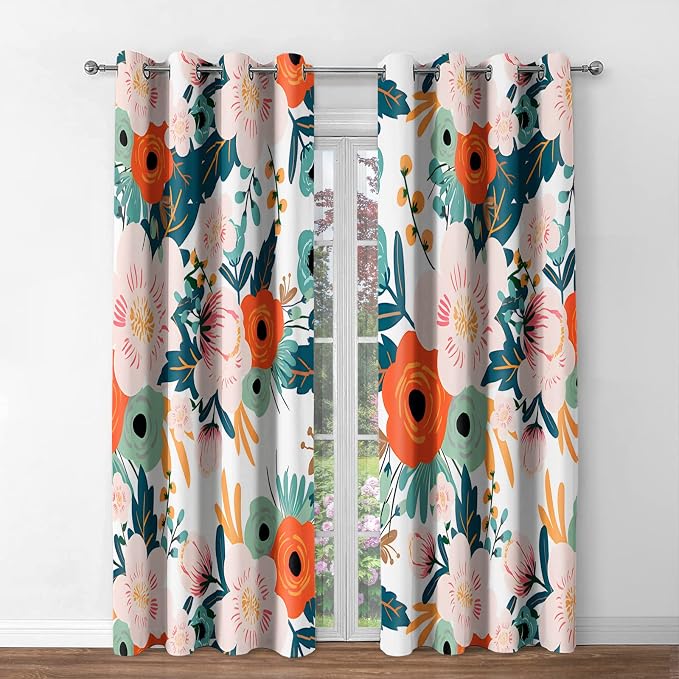 Jekeno Floral Blackout Curtains Colorful Flowers Green Leaves Decor Home Bedroom Living Room Darkening Grommet Window Drapes 2 Panel Set, 52"x84"