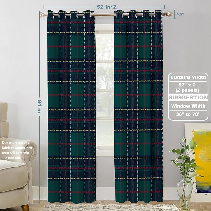Shrahala Tartan Plaid Blackout Window Curtains, Green Scottish Fabric Kilt Twill Woven Thermal Insulated Curtains Grommet Top Window Drapes for Living Room, Bedroom (2 Panels,52 x 84 in)