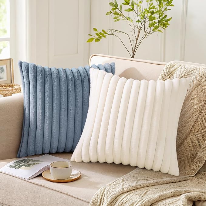 Pallene Faux Fur Plush Throw Pillow Covers 22x22 Set of 2, Luxury Soft Fluffy Striped Decorative Pillow Covers for Sofa, Couch, Living Room, Blue Grey