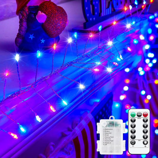 4th of July Decorations Red White and Blue Fairy Lights Battery Operated, 10 Feet 120LEDs Firecracker String Lights with Remote, Twinkle Lights for DIY Wreath Indoor Outdoor Independence Day Decor