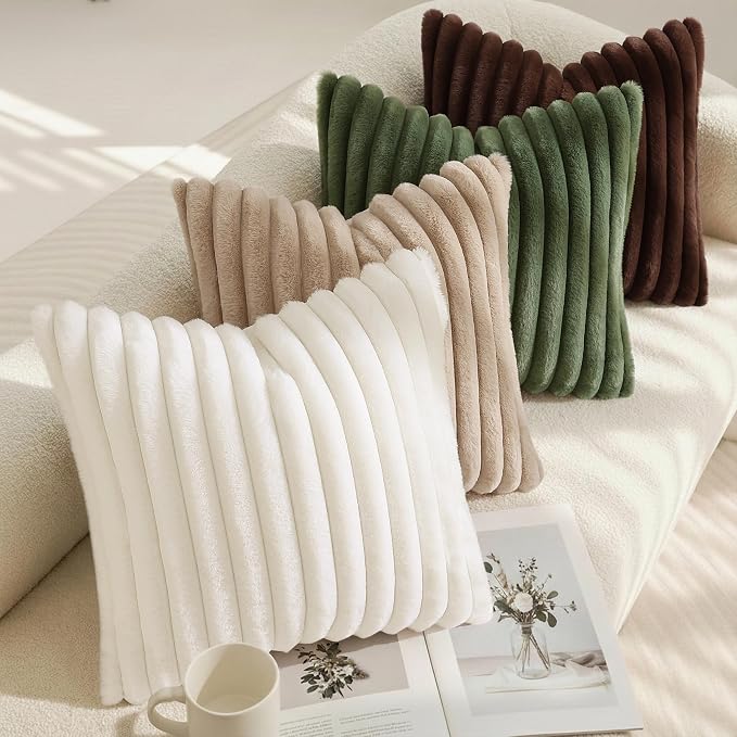 decorUhome Fall Cozy Faux Fur Throw Pillow Covers 12x12 Set of 2 Decorative Soft Plush Striped Modern Farmhouse Boho Couch Pillow Cases with Velvet Back for Sofa Bed Living Room, Cream White