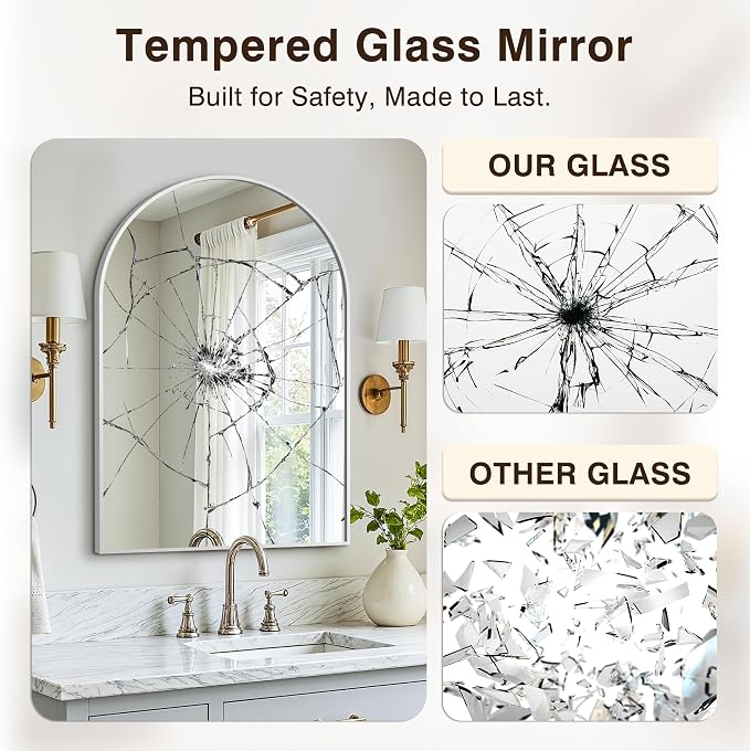 Bathroom Vanity Mirror for Wall, 30”x20” Arched Bathroom Mirror for Over Sink, Arched Metal Frame for Bedroom, Living Room, Entryway, Hanging or Leaning, Silver