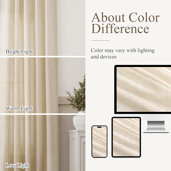 Aersas Beige Linen Textured Curtains 72 Inches Long for Living Room 2 Panel Set Back Tab Rod Pocket Semi Sheer Luxury Curtains Pleat Boho Window Curtain Decor for Dining Room Bedroom 52x72