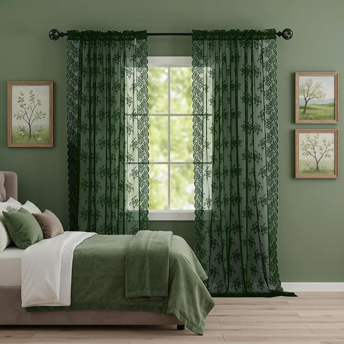 Dark Olive Green Sheer Curtains 63 Inch Length 2 Panels Set, Rustic Floral Vintage Moody Hunter Green Lace Curtains for Bedroom, Rod Pocket Privacy Dark Green Lace Sheer Curtains, Each 52 x 63 Inch