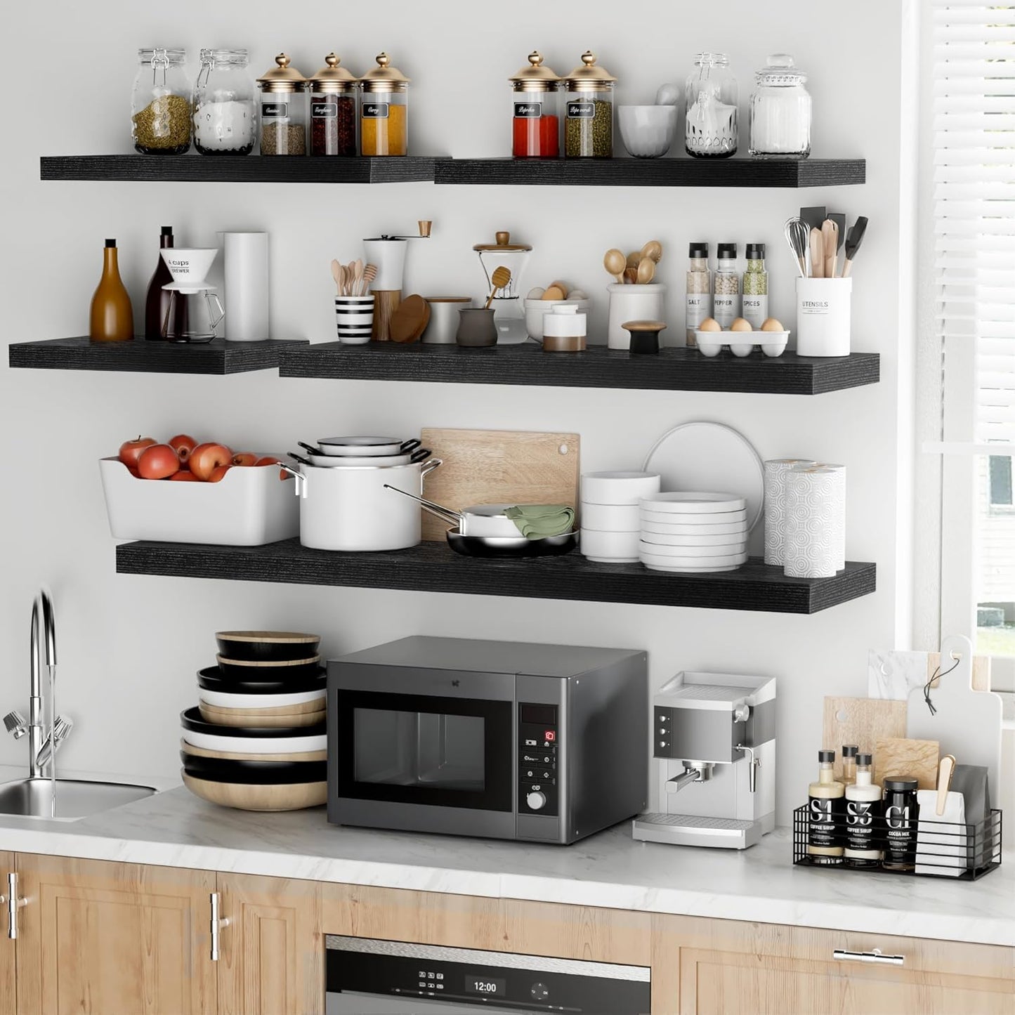 Fun Memories Floating Shelves - 12 Inch Rustic Wooden Wall Shelves - Extra Deeper & Thicker Wall Mounted Storage Shelf for Living Room, Kitchen, Farmhouse - 48" W x 12" D x 1.8" H - Rustic Black