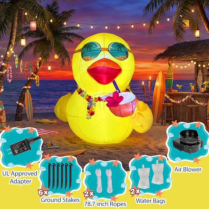 6 FT Giant Inflatable Duck, Summer Inflatables Outdoor Decorations for Yard | Blow Up Duck with Hawaiian Leis, Luau Party Decorations, Powerful Blower & LED Lights, Pool Beach Tropical Lawn Party Decor
