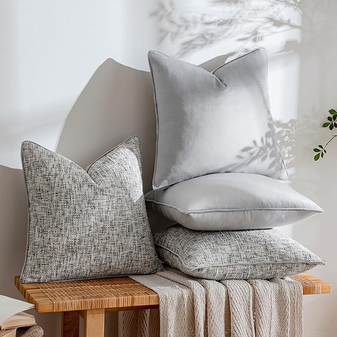 a moment Grey 4 Pack Throw Pillow Covers - Chenille & Velvet Set with Piping, Farmhouse Textured Design Pillow Cases for Couch Sofa Bed Livingroom (18x18 Inch, No Insert)
