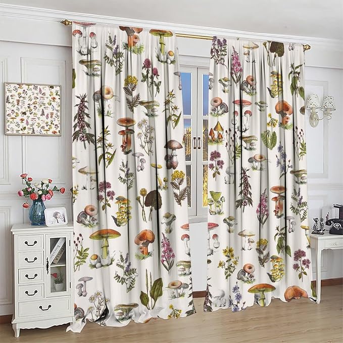 Vintage Botanical Curtains, Rustic Plants Herbs Mushroom Nature Wildflower Print Blackout Window Treatments for Living Room Bedroom Kitchen 42x54 Inch