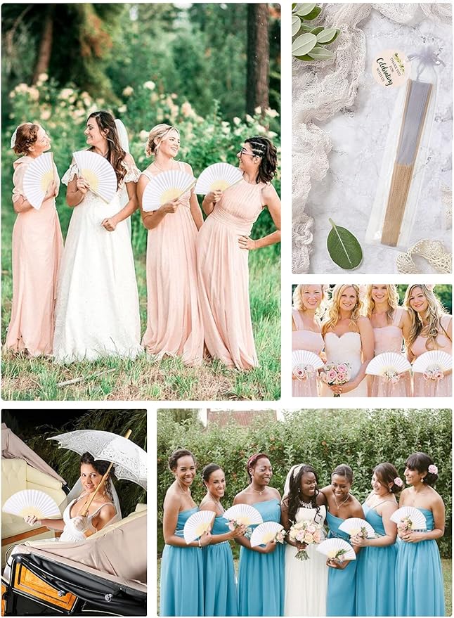 Cosweet 60 Set Wedding Hand Fans with Thank You Tags & Organza Bags, White Paper Fans Bulk Bamboo Decorative Folding Fans for Wedding Guests Party Favors Bridal Shower Church Decoration