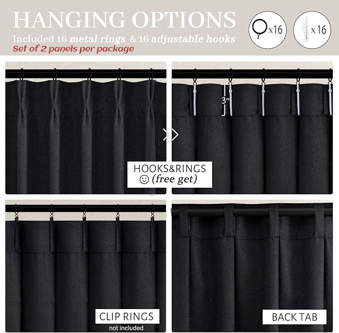 PleatedDrapes Light Filtering Black Linen 90 Inch Curtains for Sliding Glass Doors, Pinch Pleat Semi Sheer Nursery/Kids Room Curtain Decorative Privacy Back Tab Ceiling Track Window Drapes 7-1/2 FT