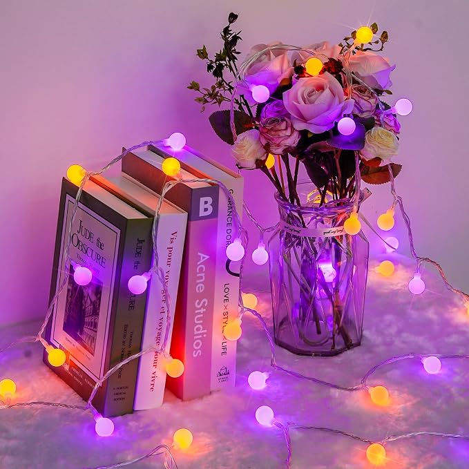 JMEXSUSS 100 LED Globe Orange and Purple Halloween Lights Indoor Remote | 33ft Connectable Christmas Lights Outdoor, 8 Modes Plug in Orange and Purple String Lights for Bedroom Room Party Decor