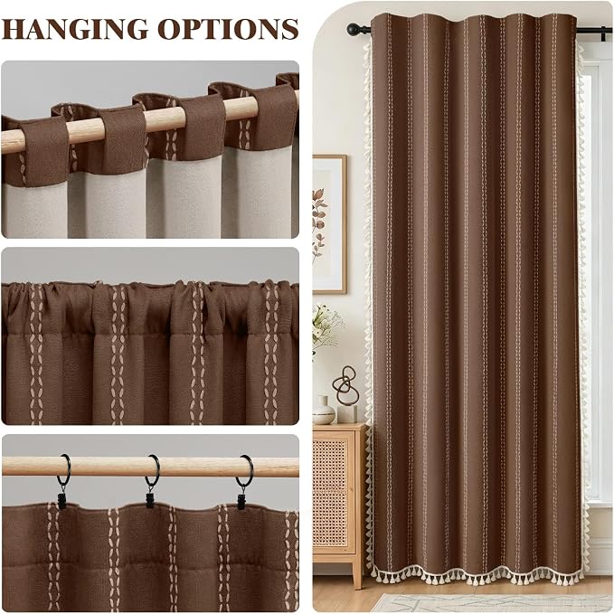 Brown Boho Blackout Curtains 2 Panels 84 Inch for Living Room Bedroom, Linen Texture Farmhouse Curtains with Tassels and White Cotton Embroidery Vintage