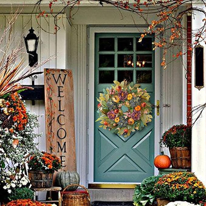 WANNA-CUL 24in Fall Front Door Wreath,Hydrangea Peony Pumpkin Harvest Decor | Twig-base Autumn wreath, Thanksgiving Farmhouse decor with storage box for reuse, indoor outdoor seasonal gift