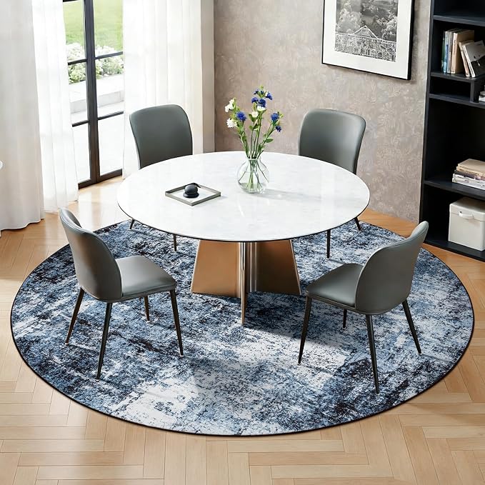Rugflix Round Area Rugs 6Ft for Living Room, Washable Circle Rug Stain-Resistant Low Pile, Modern Dark Carpet for Bedroom Dining Room Home Office Kid Nursery Room, Navy Blue/Black