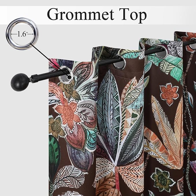 Estelar Textiler Brown Boho Floral Printed Curtains 2 Panel Sets for Bedroom,Thermal Insulated Grommet Window Curtains Blackout Room Darkening Drapes Home Decoration for Bedroom,52x108 Inch