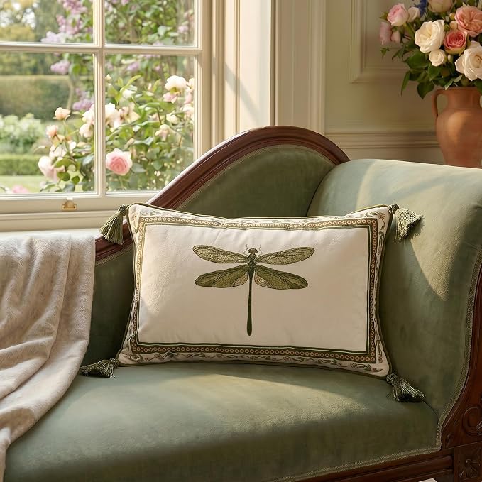 ISAENNE Designer Vintage French Velvet Throw Pillow Cover,20"x12"-Grace C | Pillow Cover,Concealed Zipper Design,Dragonfly Pattern,Sofas,Bedroom,Living Room,Lounge Chairs,All Season Home Decor
