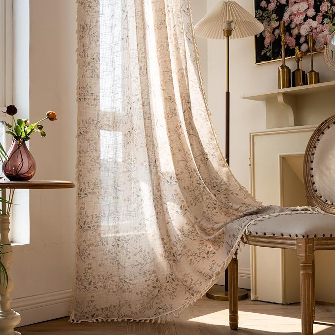OYX Boho Floral Curtains 63 Inch, Farmhouse Wildflower Drapes with Tassels, Linen Textured Light Filtering Semi Sheer Curtains for Living Room Bedroom, 2 Panels, Rod Pocket, 52Wx63L