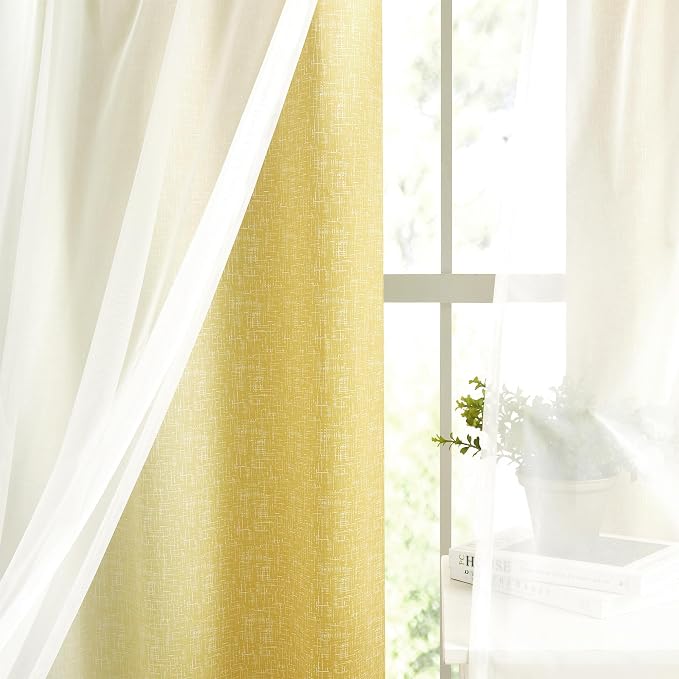Ombre 100% Blackout Curtains 54 Inches Long 2 Panels for Bedroom Living Room Yellow and White Double Layer Sheer Overlay Mix & Match Grommet Thermal Soundproof Drapes with Tiebacks, 52x54