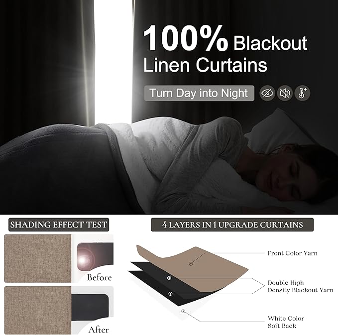 QJmydeco Dark Flax Black Out 92 Inch Long Boho Curtains 2 Panel Set, Farmhouse Curtain for Living Room Darkening/Thermal/Noise Reduction Textured Linen Drape Hook&Ring Included Chocolate 50" Wx92 L