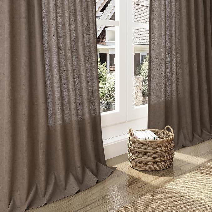 Light Brown Linen Curtains 84 Inches Long for Bedroom Back Tab Light Filtering Privacy Semi Sheer Curtains Modern Farmhouse Decor Light Brown Cotton Textured Curtain for Living Room 2 Panels 52x84