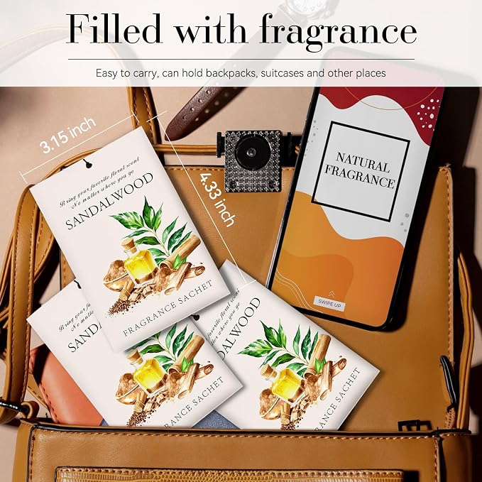 Sandalwood Scented Sachet Bags - 12 Pack Drawer & Closet Freshener, Long Lasting Odor Eliminator for Wardrobes, Cars & Storage, Home Fragrance Air Freshener Sachets