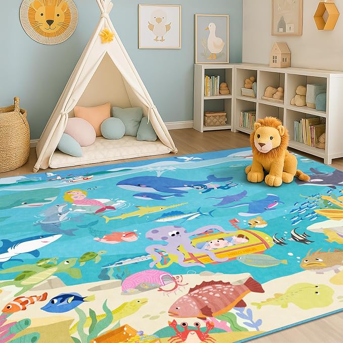 5x7 Ocean Rug for Kids Room – Large Area Rug with Beach Wave Whale & Mermaid, Washable Non Slip Learning Carpet for Toddlers, Bedroom or Playroom Décor