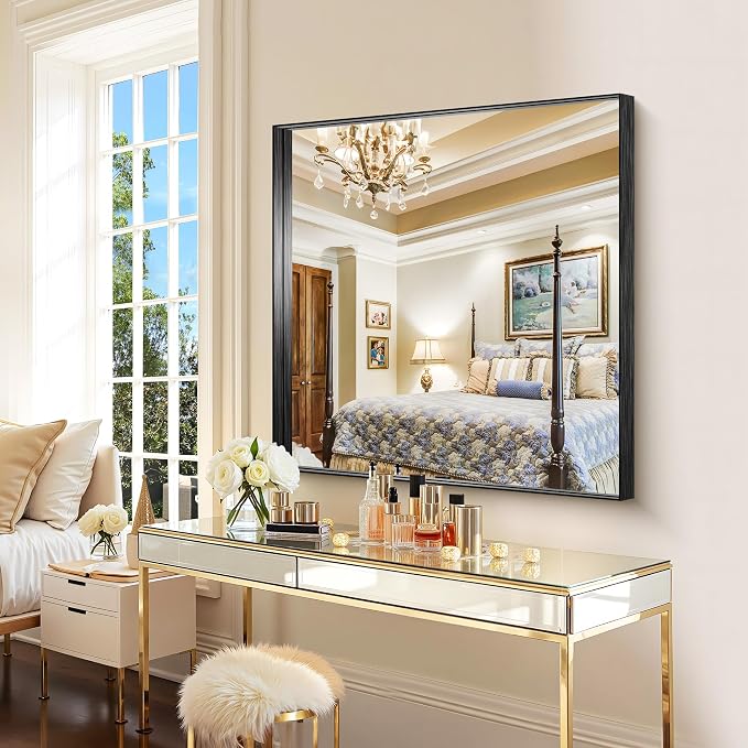 CIRCUMI Black Bathroom Mirror, 36"x36" Rectangular Mirror with Deep Metal Frame, Brushed Finish, Tempered Glass, Mirror for Wall, Oversink, Bedroom, Installed Vertically/Horizontally, Crystal-Clear