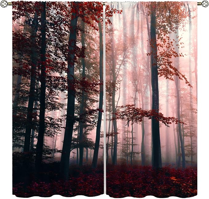 Forest Blackout Curtains for Kids,Watercolour Green Misty Nature Pine Tree Tree Forest Botanical Landscape Window Drapes for Boys Girls Bedroom Living Room Kitchen 42x63in