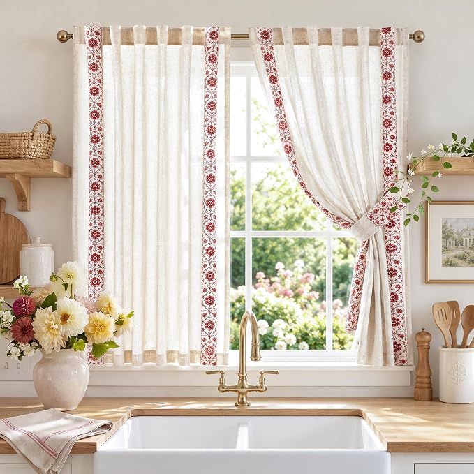 jinchan Red Floral Embroidered Linen Kitchen Curtains 54×45 Inch 2 Panels | Light filtering, back tab, rod pocket, cafe curtains for kitchen bedroom living room, cottage farmhouse, small window