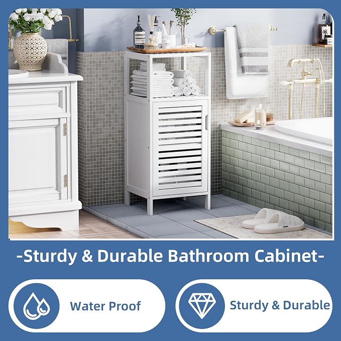 HITNET Bamboo Bathroom Storage Cabinet, 4 Tier Small White Floor Cabinet with Single Door, Free Standing Slim Narrow Storage Organizer for Living Room Entryway